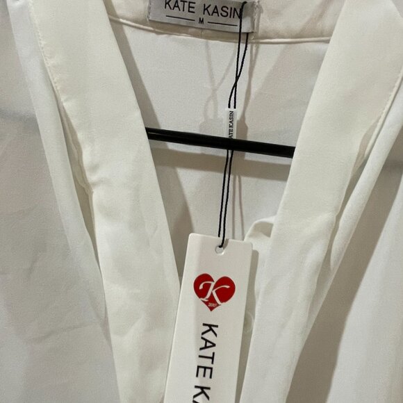 Kate Kasin Long Sleeve Sheer Mesh Pointelle Bodysuit Pussybow Necktie Size Med - Picture 9 of 10